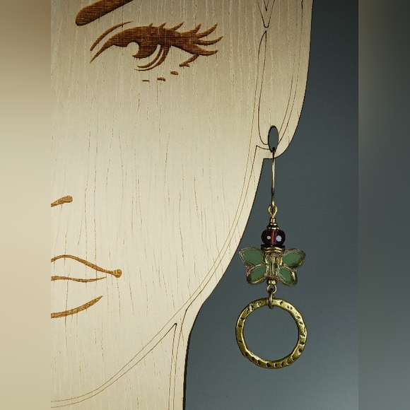 HAND CRAFTED Artisan Glass Green Purple Butterfly Hoop Dangle Earrings - Picture 6 of 7